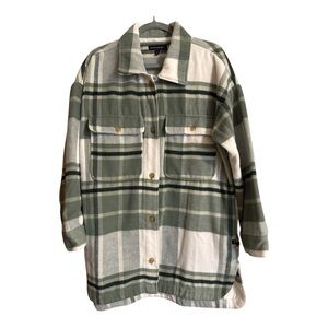 Banana Republic Brushed Flannel Jacket Long Shirt Women’s Sz L Mint Green Plaid